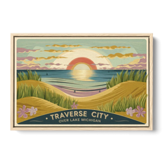 Traverse City Sunset Over Lake Michigan - Oak Framed Canvas Wall Art - Front