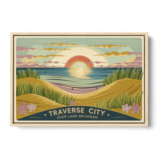 Traverse City Sunset Over Lake Michigan - Oak Framed Canvas Wall Art - Front