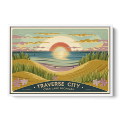 Traverse City Sunset Over Lake Michigan - White Framed Canvas Wall Art - Front