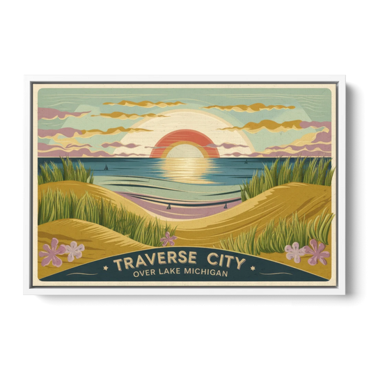 Traverse City Sunset Over Lake Michigan - White Framed Canvas Wall Art - Front