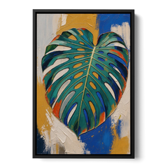 Tropical Teal Monstera Leaf Impasto - Black Framed Canvas Wall Art - Front