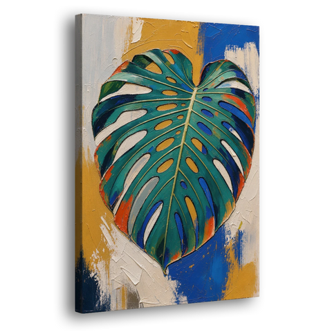 Tropical Teal Monstera Leaf Impasto - Canvas Wall Art - Side