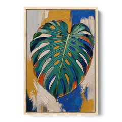 Tropical Teal Monstera Leaf Impasto - Oak Framed Canvas Wall Art - Front