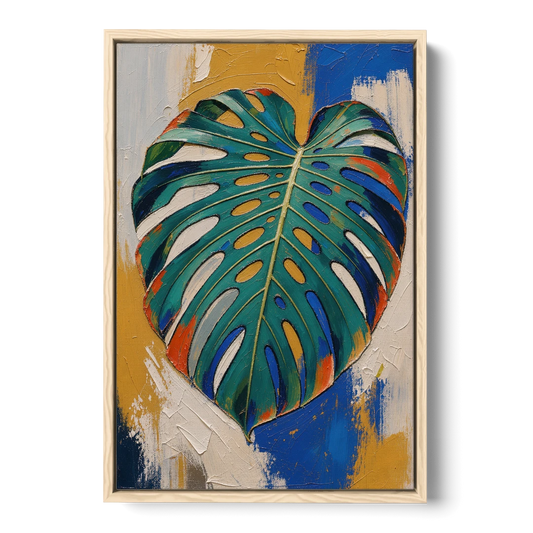 Tropical Teal Monstera Leaf Impasto - Oak Framed Canvas Wall Art - Front