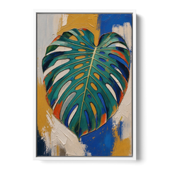 Tropical Teal Monstera Leaf Impasto - White Framed Canvas Wall Art - Front