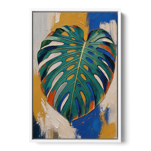 Tropical Teal Monstera Leaf Impasto - White Framed Canvas Wall Art - Front