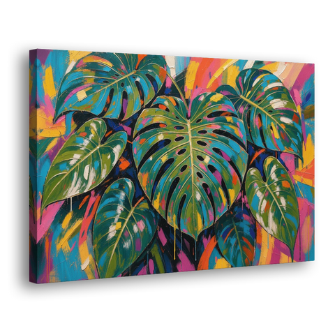 Tropical Wall Art of Monstera Leaves in Electric Color - Canvas Wall Art - Side