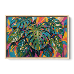 Tropical Wall Art of Monstera Leaves in Electric Color - Oak Framed Canvas Wall Art - Front