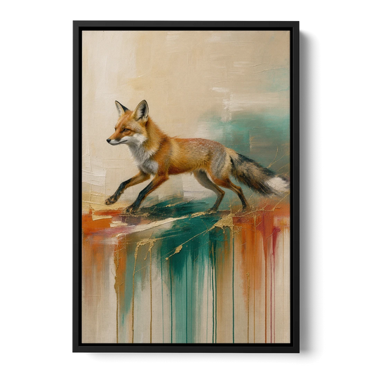 Abstract Trotting Fox in Teal Drips - Black Framed Canvas Wall Art - Front