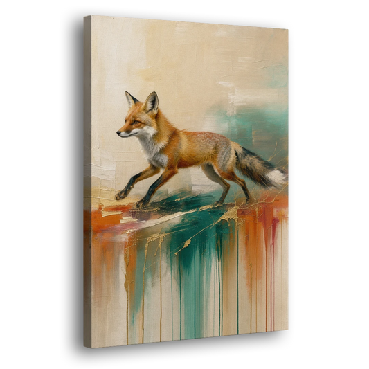 Trotting Fox in Teal Drips - Canvas Wall Art - Side