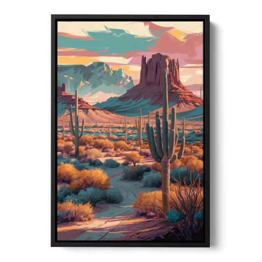 Tucson Cactus Landscape - Black Framed Canvas Wall Art - Front