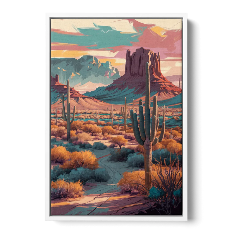Tucson Cactus Landscape Front - White Canvas Wall Art