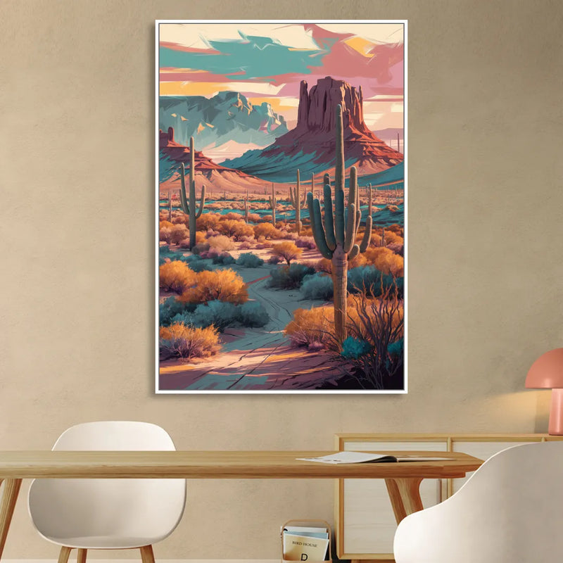 Tucson Cactus Landscape Sitting Room - White Canvas Wall Art