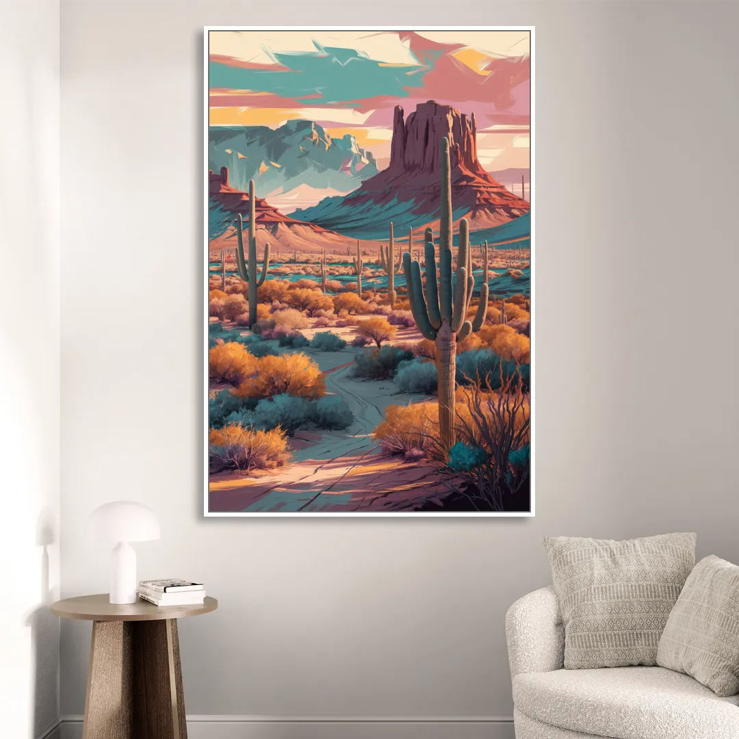 Tucson Cactus Landscape Living Room - White Canvas Wall Art