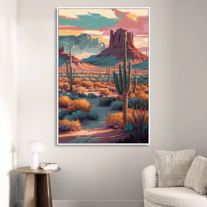 Tucson Cactus Landscape Living Room - White Canvas Wall Art