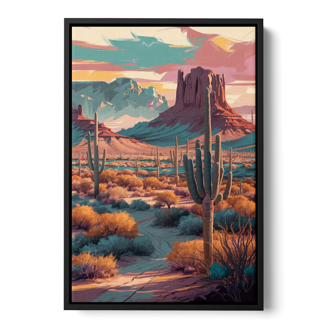 Tucson Cactus Landscape Front - Black Canvas Wall Art