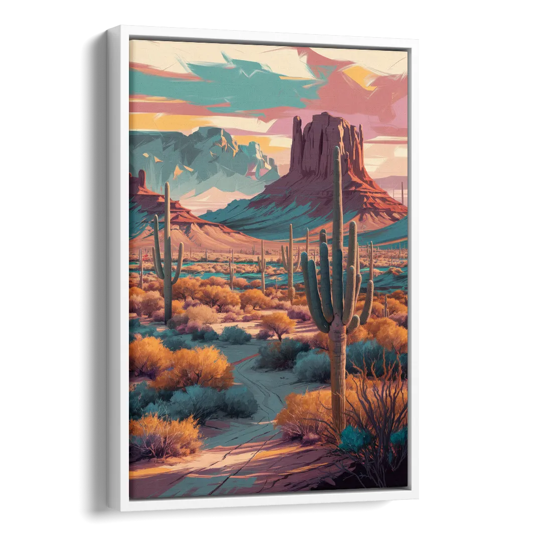Tucson Cactus Landscape Side - White Canvas Wall Art