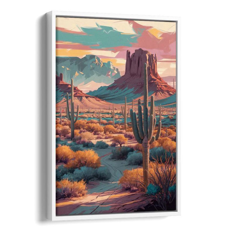 Tucson Cactus Landscape Side - White Canvas Wall Art