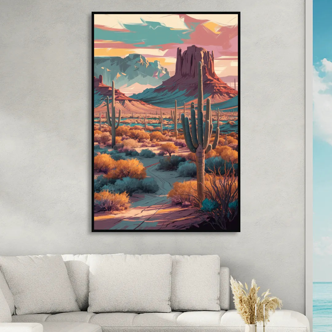 Tucson Cactus Landscape Sitting Room - Black Canvas Wall Art