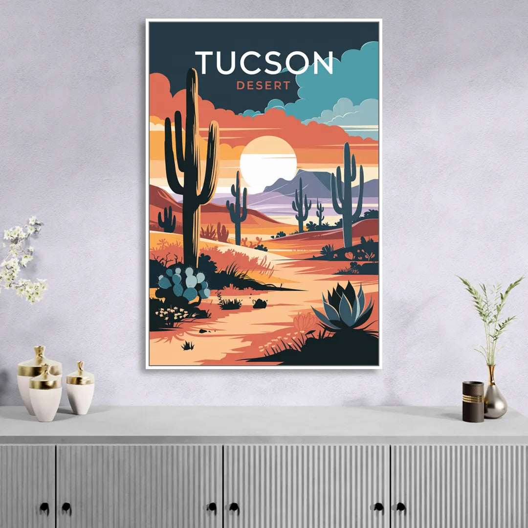 Tucson Desert Sunset Sitting Room - White Canvas Wall Art