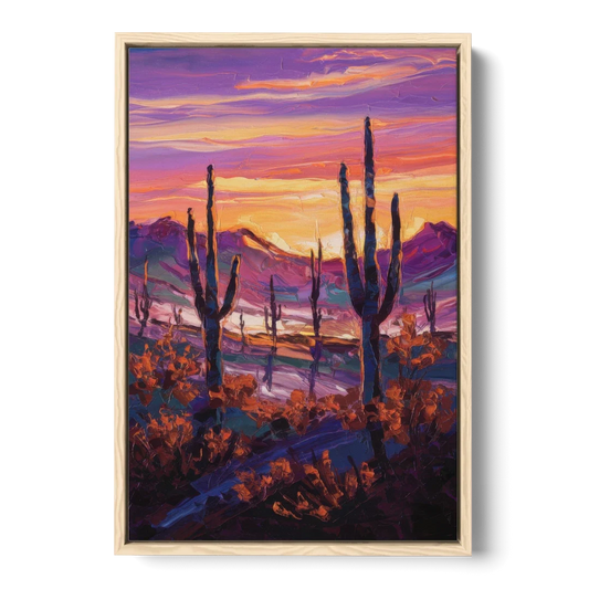 Tucson Saguaro Silhouettes - Oak Framed Canvas Wall Art - Front