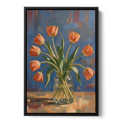 Tulip Painting Canvas in a Clear Glass Vase - Black Framed Canvas Wall Art - Front