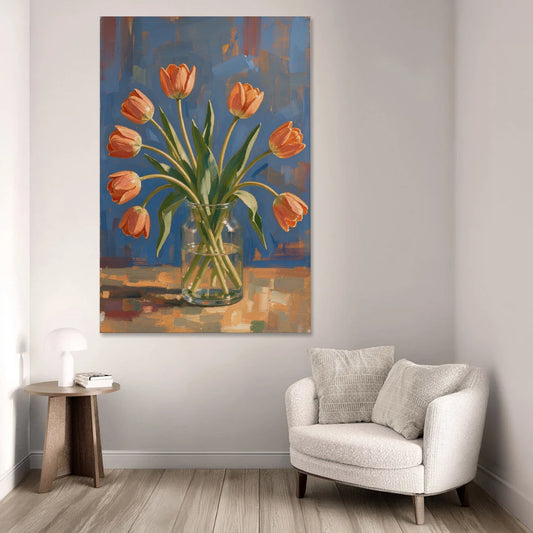 Tulip Painting Canvas in a Clear Glass Vase - Canvas Wall Art - Sofa - 40x60
