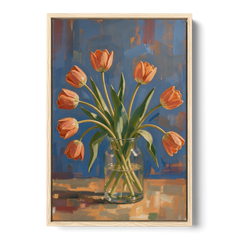 Tulip Painting Canvas in a Clear Glass Vase - Oak Framed Canvas Wall Art - Front