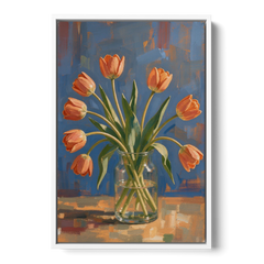 Tulip Painting Canvas in a Clear Glass Vase - White Framed Canvas Wall Art - Front