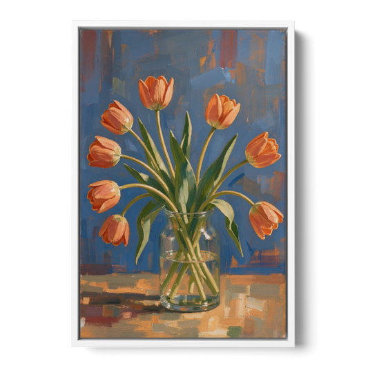 Tulip Painting Canvas in a Clear Glass Vase - White Framed Canvas Wall Art - Front