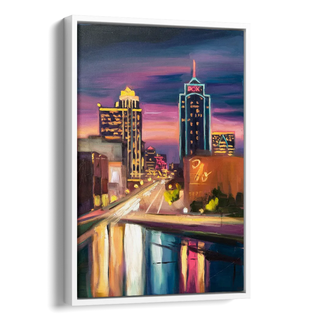 Tulsa Cityscape Glow Side - White Canvas Wall Art