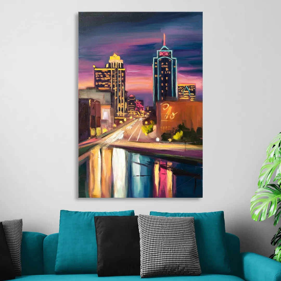 Tulsa Cityscape Glow Sitting Room - Canvas Wall Art