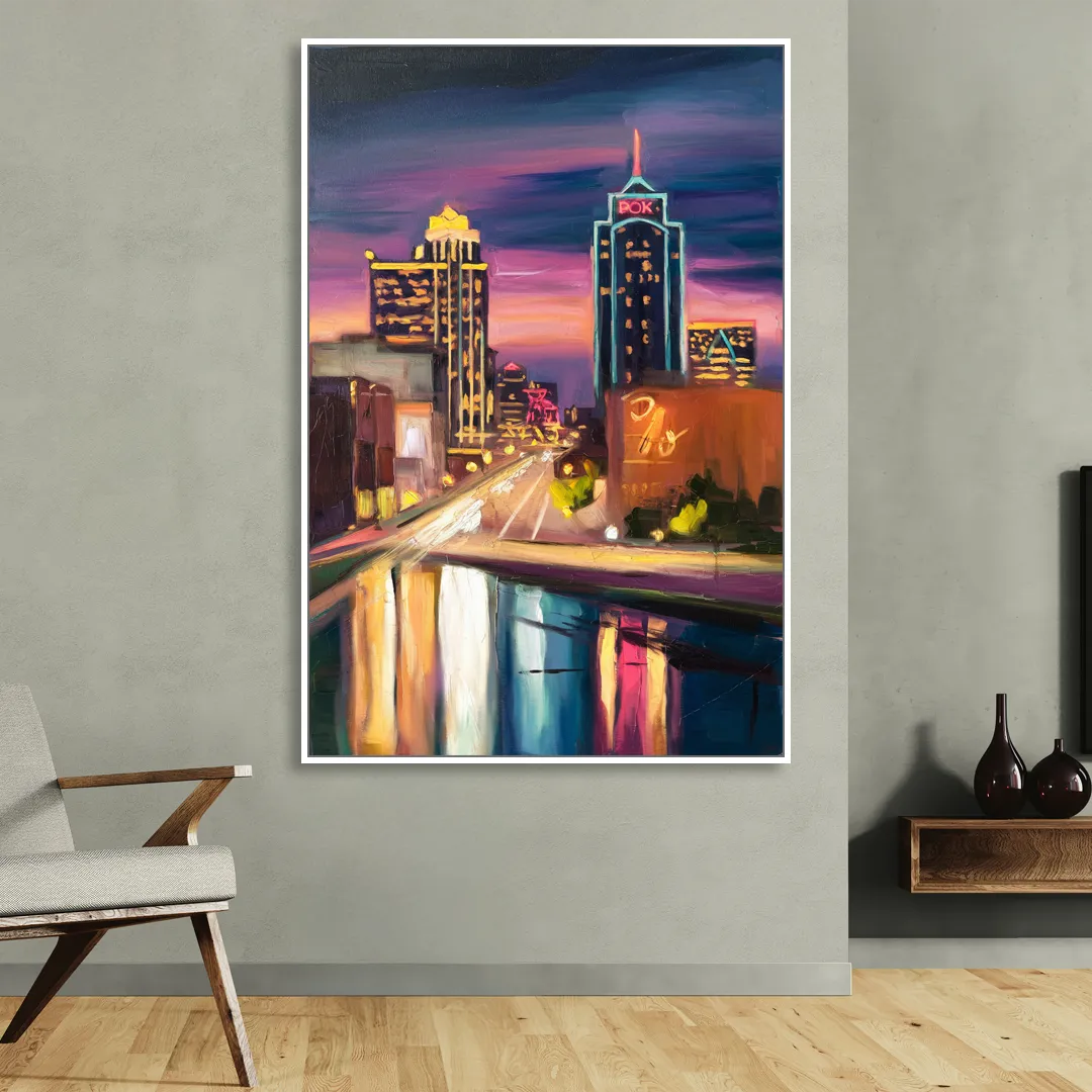 Tulsa Cityscape Glow Living Room - White Canvas Wall Art