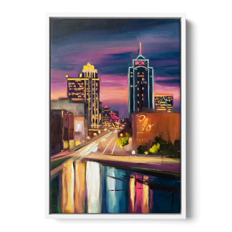Tulsa Cityscape Glow Front - White Canvas Wall Art