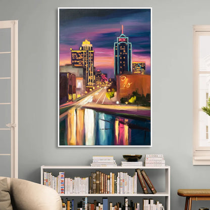 Tulsa Cityscape Glow Sitting Room - White Canvas Wall Art