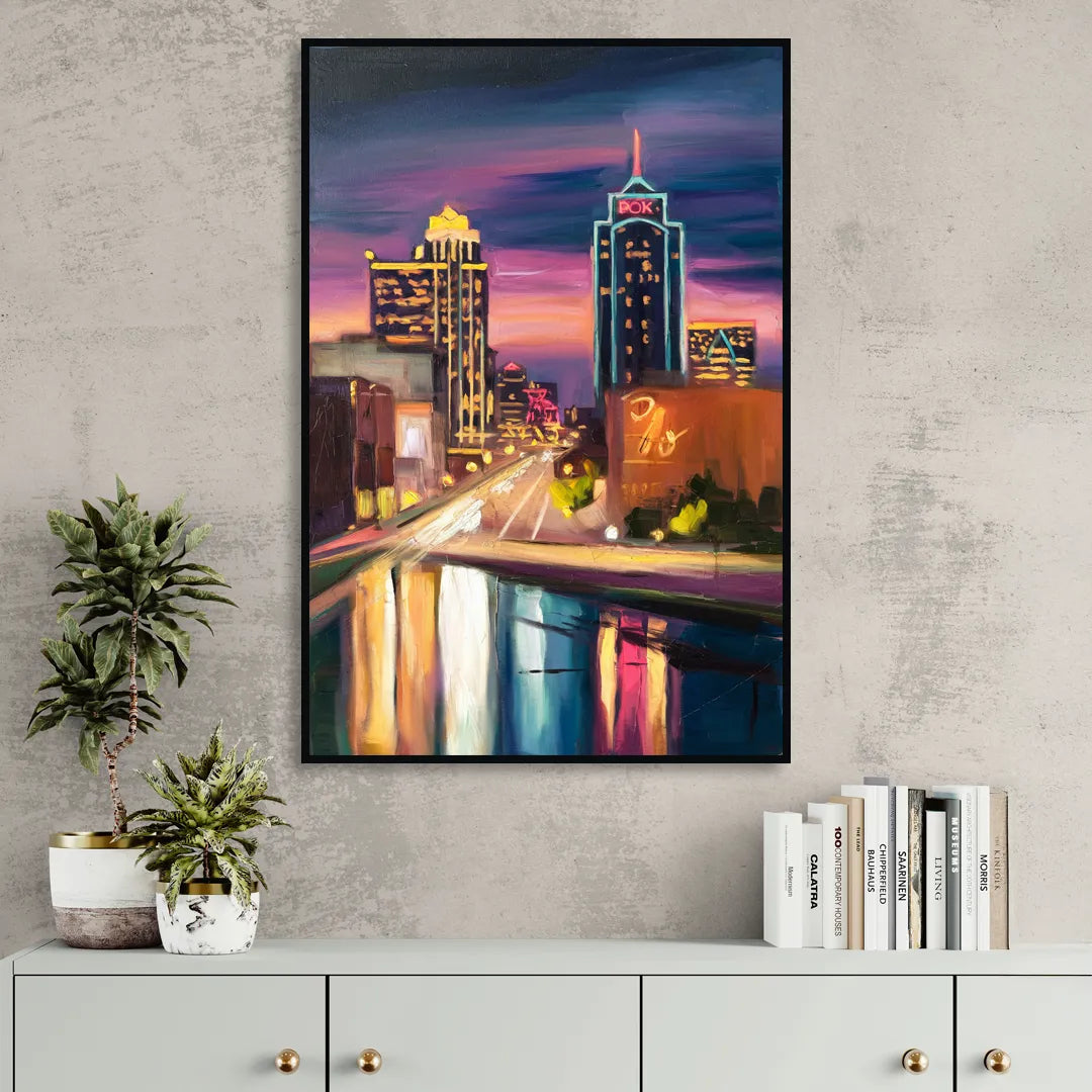 Tulsa Cityscape Glow Sitting Room - Black Canvas Wall Art