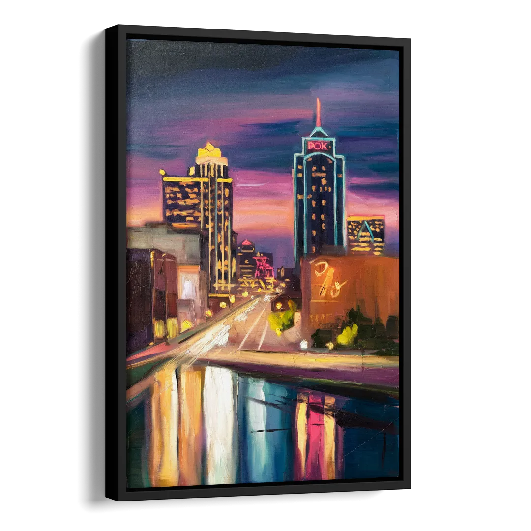 Tulsa Cityscape Glow Side - Black Canvas Wall Art