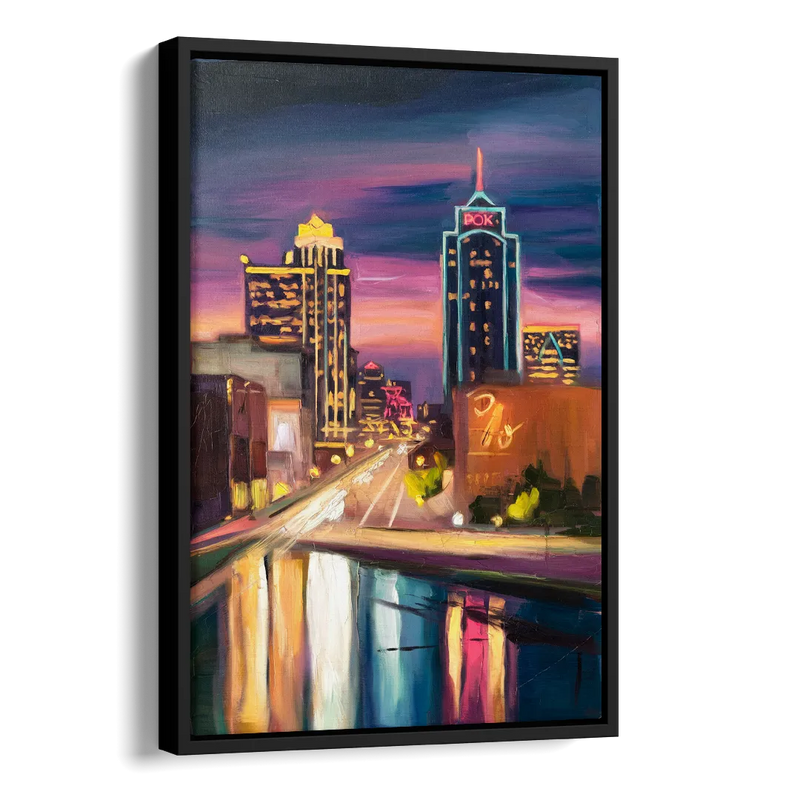 Tulsa Cityscape Glow Side - Black Canvas Wall Art