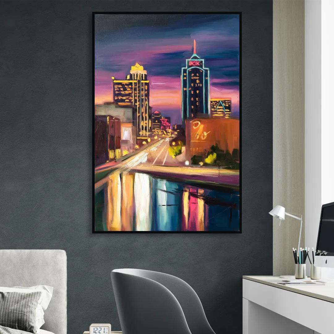 Tulsa Cityscape Glow Living Room - Black Canvas Wall Art