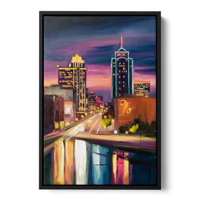 Tulsa Cityscape Glow Front - Black Canvas Wall Art