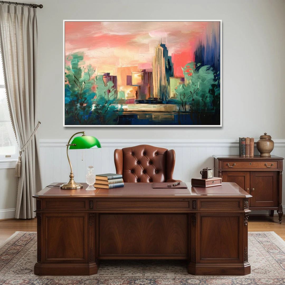 Tulsa Midtown Scenery - White Framed Canvas Wall Art - Office - 60x40