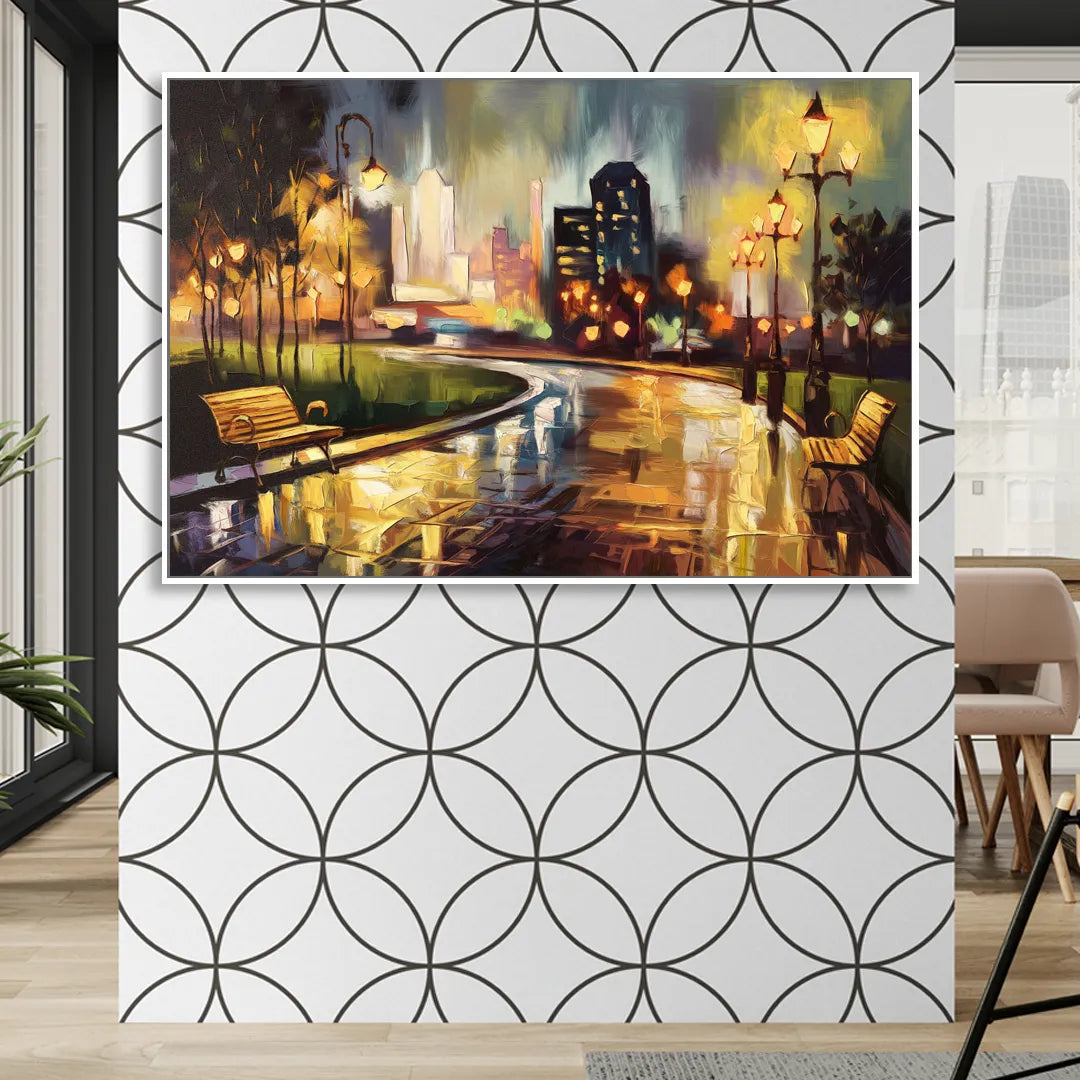 Tulsa Night Lights Living Room - White Canvas Wall Art