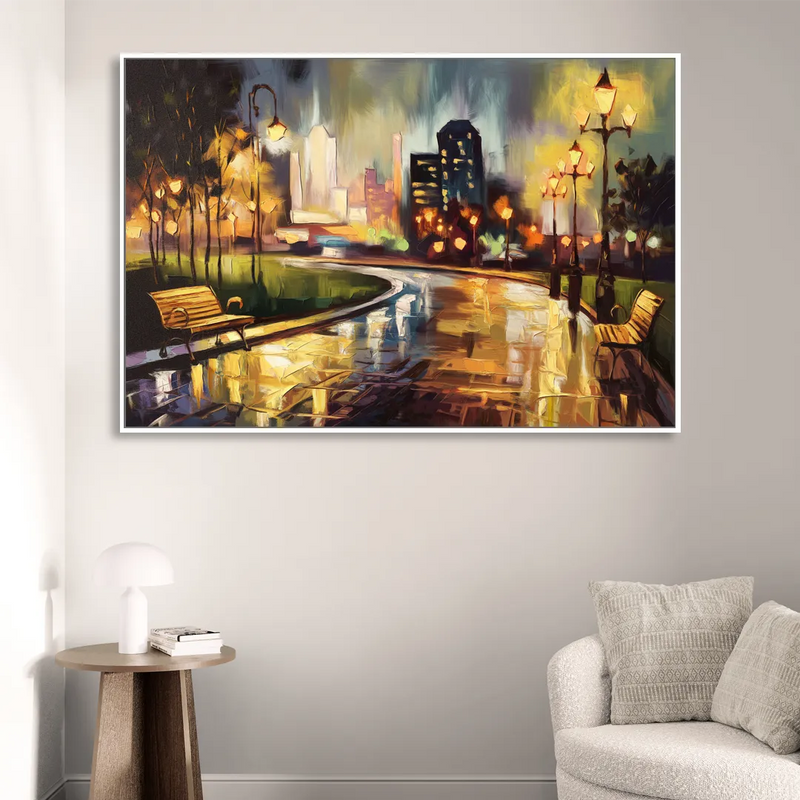 Tulsa Night Lights Sitting Room - White Canvas Wall Art