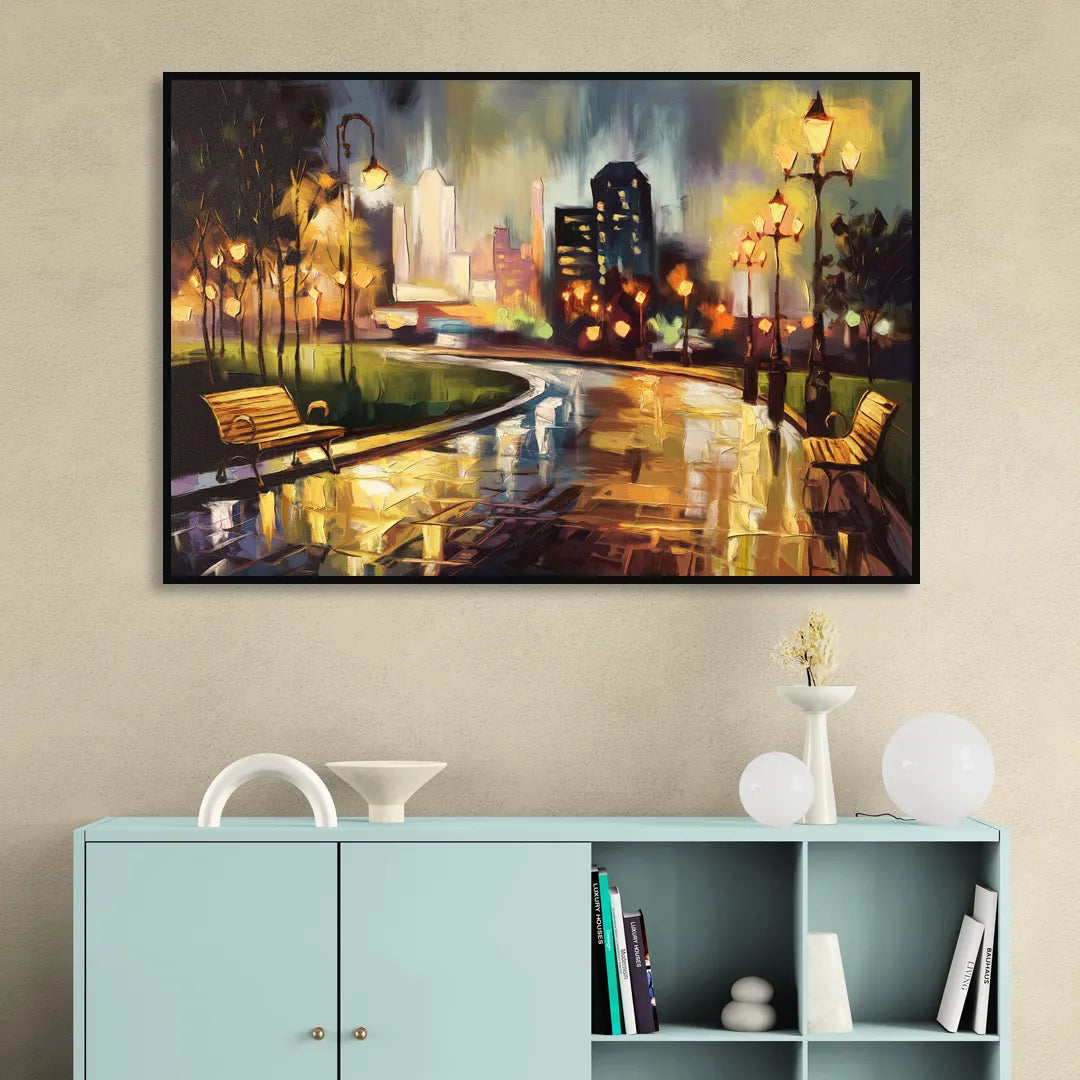 Tulsa Night Lights Living Room - Black Canvas Wall Art