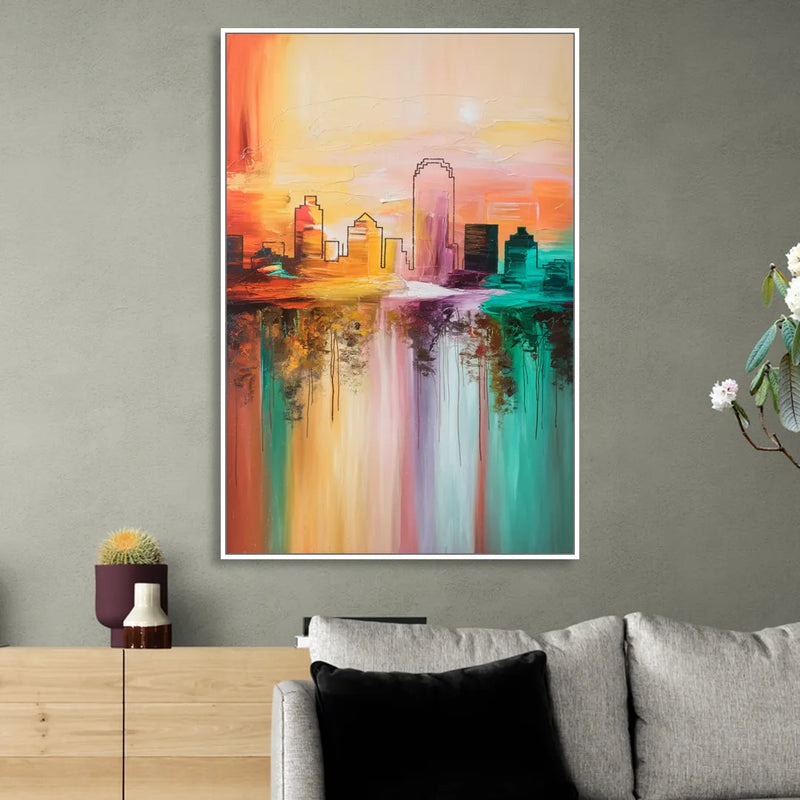 Tulsa Skyline Sunset Sitting Room - White Canvas Wall Art