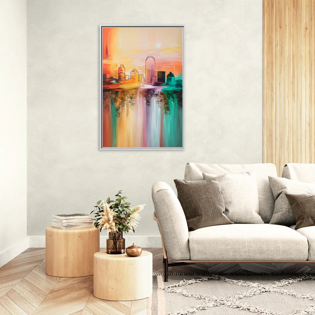 Tulsa Skyline Sunset - Living Room White Frame Canvas