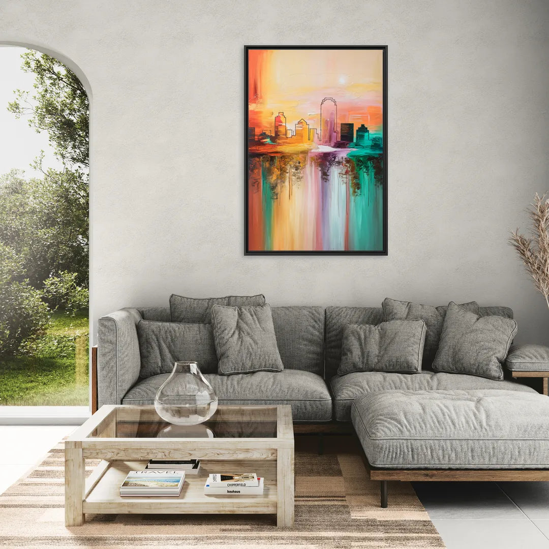 Tulsa Skyline Sunset - Living Room Black Frame Canvas