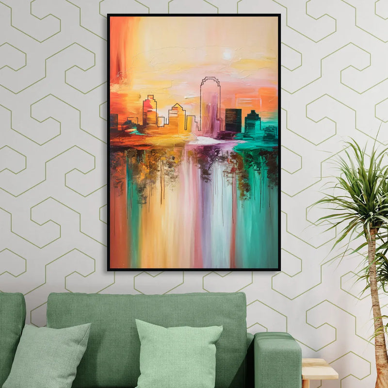 Tulsa Skyline Sunset Sitting Room - Black Canvas Wall Art