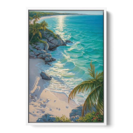 Tulum Beach Turquoise - White Framed Canvas Wall Art - Front