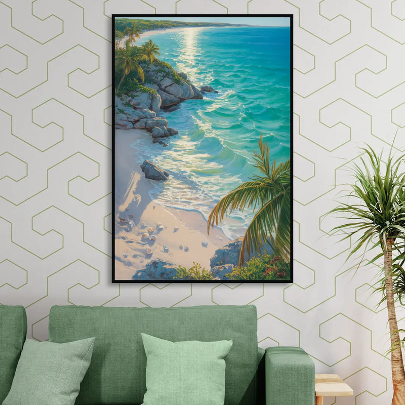 Tulum Beach Turquoise Living Room - Black Canvas Wall Art
